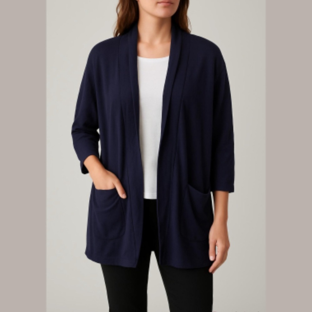 Pact organic cotton navy oversized blazer style cardigan open front small